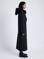 Proenza Schouler Side full length image of model wearing Reed Coat in Brushed Melange Wool with Hood in CHARCOAL MELANGE