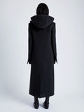 Proenza Schouler Back full length image of model wearing Reed Coat in Brushed Melange Wool with Hood in CHARCOAL MELANGE