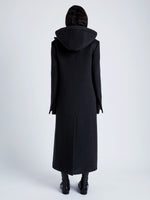 Proenza Schouler Back full length image of model wearing Reed Coat in Brushed Melange Wool with Hood in CHARCOAL MELANGE