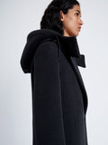 Proenza Schouler Detail image of model wearing Reed Coat in Brushed Melange Wool with Hood in CHARCOAL MELANGE