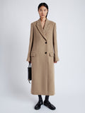 Proenza Schouler Front full length image of model wearing Reed Coat in Brushed Melange Wool  in CAMEL MELANGE