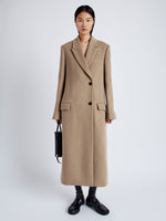 Proenza Schouler Front full length image of model wearing Reed Coat in Brushed Melange Wool  in CAMEL MELANGE