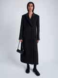 Proenza Schouler Front full length image of model wearing Reed Coat in Brushed Melange Wool in CHARCOAL MELANGE