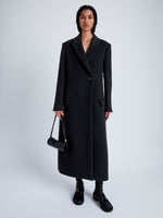 Proenza Schouler Front full length image of model wearing Reed Coat in Brushed Melange Wool in CHARCOAL MELANGE