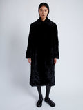 Proenza Schouler Front full length image of model wearing Fiona Coat in Shearling in BLACK