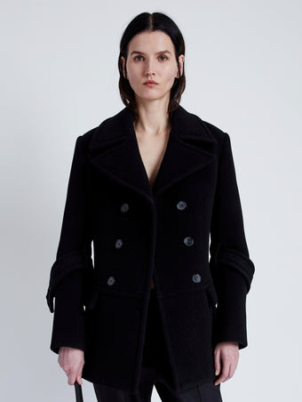 Proenza Schouler Front cropped image of model wearing Rowen Coat in Eco Double Face Wool in BLACK