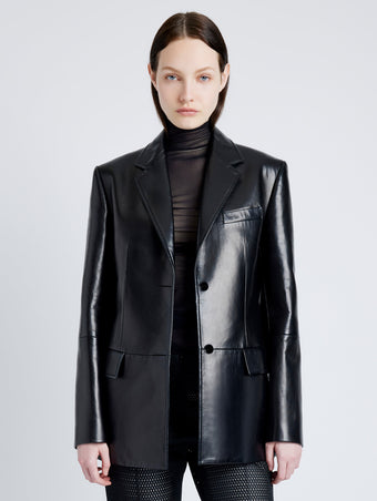 Proenza Schouler Front cropped image of model wearing Hayes Jacket in Leather in BLACK