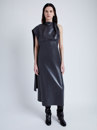 Front image of model wearing Maude Dress in Leather in slate