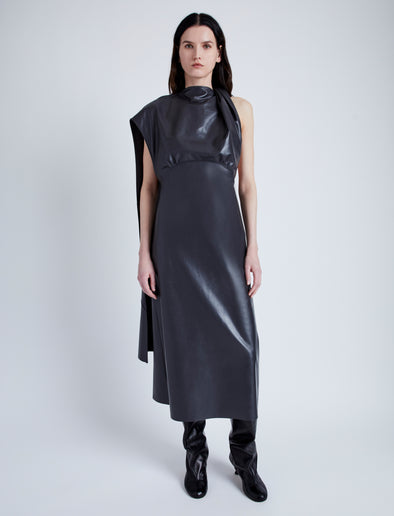 Front image of model wearing Maude Dress in Leather in slate