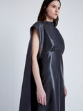 Detail image of model wearing Maude Dress in Leather in slate