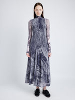 Proenza Schouler Front full length image of model wearing Gemma Dress in Printed Stretch Tulle Jersey in CONCRETE