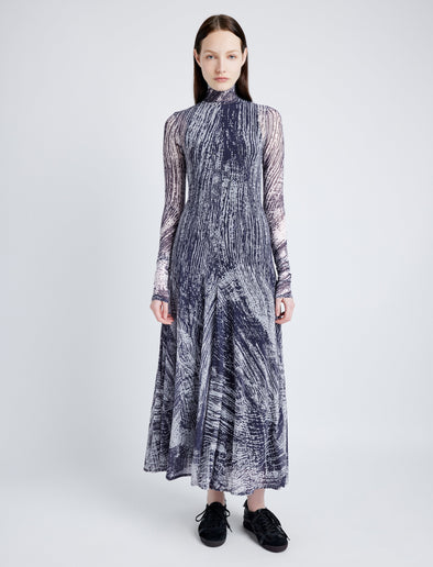 Proenza Schouler Front full length image of model wearing Gemma Dress in Printed Stretch Tulle Jersey in CONCRETE