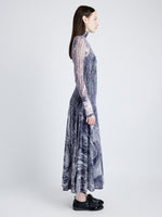 Proenza Schouler Side full length image of model wearing Gemma Dress in Printed Stretch Tulle Jersey in CONCRETE