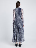 Proenza Schouler Back full length image of model wearing Gemma Dress in Printed Stretch Tulle Jersey in CONCRETE