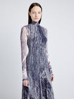 Proenza Schouler Detail image of model wearing Gemma Dress in Printed Stretch Tulle Jersey in CONCRETE