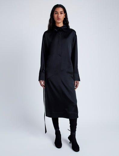 Proenza Schouler Front full length image of model wearing Andy Dress in Technical Satin in BLACK