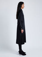 Proenza Schouler Side full length image of model wearing Andy Dress in Technical Satin in BLACK