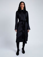 Proenza Schouler Front full length image of model wearing Andy Dress in Technical Satin in BLACK with belt tied