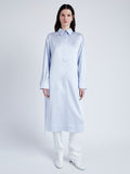 Proenza Schouler Front full length image of model wearing Andy Dress in Technical Satin in BABY BLUE