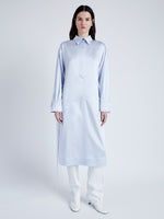 Proenza Schouler Front full length image of model wearing Andy Dress in Technical Satin in BABY BLUE