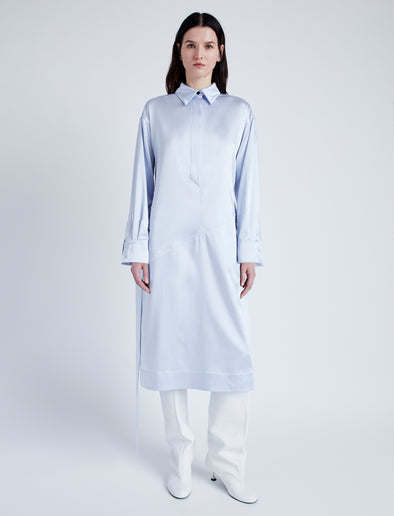 Proenza Schouler Front full length image of model wearing Andy Dress in Technical Satin in BABY BLUE