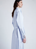 Proenza Schouler Detail image of model wearing Andy Dress in Technical Satin in BABY BLUE