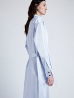 Proenza Schouler Detail image of model wearing Andy Dress in Technical Satin in BABY BLUE