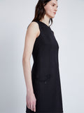 Proenza Schouler Detail image of model wearing Skyler Dress in Wool Twill Suiting in BLACK