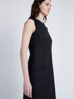 Proenza Schouler Detail image of model wearing Skyler Dress in Wool Twill Suiting in BLACK