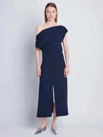 Proenza Schouler front image of model wearing Rosa Dress in Matte Viscose Crepe in navy