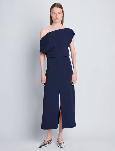 Proenza Schouler front image of model wearing Rosa Dress in Matte Viscose Crepe in navy