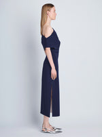 Proenza Schouler side image of model wearing Rosa Dress in Matte Viscose Crepe in navy