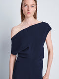 Proenza Schouler detail image of model wearing Rosa Dress in Matte Viscose Crepe in navy