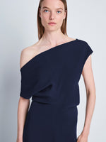 Proenza Schouler detail image of model wearing Rosa Dress in Matte Viscose Crepe in navy