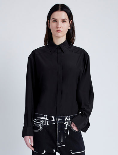 Proenza Schouler Front cropped image of model wearing Demi Blouse in Stretch Silk Viscose in BLACK