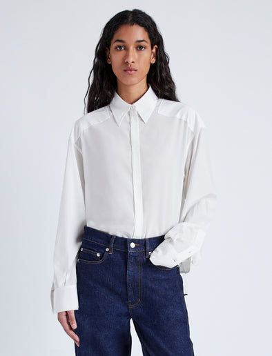 Proenza Schouler Front cropped image of model wearing Demi Blouse in Stretch Silk Viscose in BONE