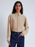 Proenza Schouler Front cropped image of model wearing Demi Blouse in Stretch Silk Viscose in KHAKI