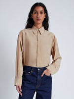 Proenza Schouler Front cropped image of model wearing Demi Blouse in Stretch Silk Viscose in KHAKI