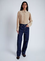 Proenza Schouler Front full length image of model wearing Demi Blouse in Stretch Silk Viscose in KHAKI