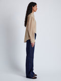 Proenza Schouler Side full length image of model wearing Demi Blouse in Stretch Silk Viscose in KHAKI