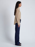 Proenza Schouler Side full length image of model wearing Demi Blouse in Stretch Silk Viscose in KHAKI