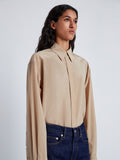 Proenza Schouler Detail image of model wearing Demi Blouse in Stretch Silk Viscose in KHAKI