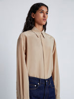 Proenza Schouler Detail image of model wearing Demi Blouse in Stretch Silk Viscose in KHAKI