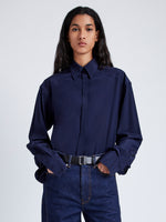 Proenza Schouler Front cropped image of model wearing Demi Blouse in Stretch Silk Viscose in NAVY