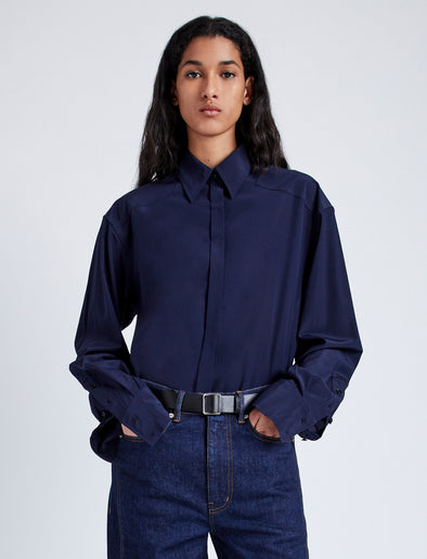 Proenza Schouler Front cropped image of model wearing Demi Blouse in Stretch Silk Viscose in NAVY