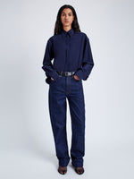 Proenza Schouler Front full length image of model wearing Demi Blouse in Stretch Silk Viscose in NAVY