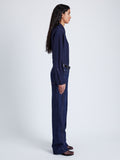 Proenza Schouler Side full length image of model wearing Demi Blouse in Stretch Silk Viscose in NAVY