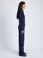 Proenza Schouler Side full length image of model wearing Demi Blouse in Stretch Silk Viscose in NAVY