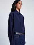  Proenza Schouler Detail image of model wearing Demi Blouse in Stretch Silk Viscose in NAVY