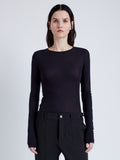 Proenza Schouler Front cropped image of model wearing Kaiya Top in Sheer Slub Jersey in MIDNIGHT